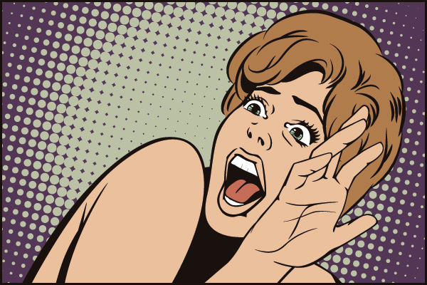 Stock illustration. People in retro style pop art and vintage advertising. Girl screaming in horror.